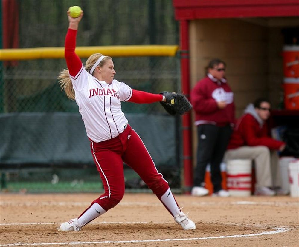 Sophomore pitcher Ashley Hobbs winds up during the first game of a double header against Ohio State April 8th at the IU Softball Field. Indiana lost the first game 14-4, and the second 1-0.