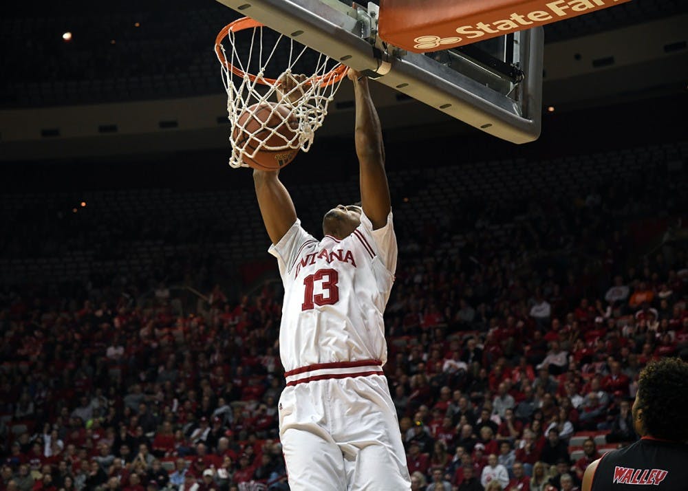 Junior forward Juwan Morgan dunks the ball against Arkansas State on Nov. 22 in Simon Skjodt Assembly Hall. Morgan had 24 points, a career-high for him in Big Ten play, Saturday in IU's loss at Michigan.