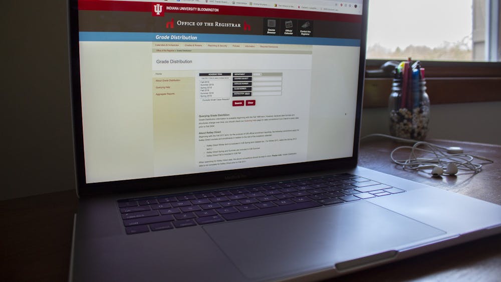 The IU grade distribution site is displayed on a computer April 5.