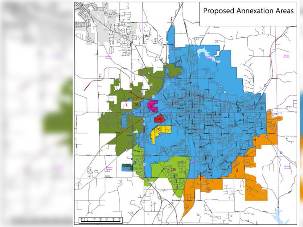 Proposed annexation areas are seen on a map. Bloomington’s plans to annex certain areas around the city could be halted as early as February 2022.