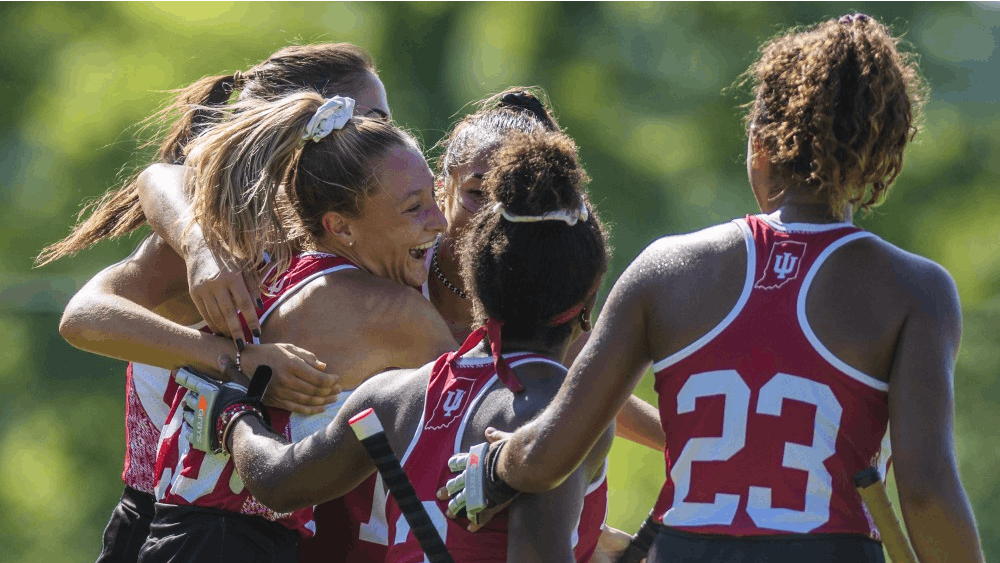 Freshman Maddie Boehm celebrates with her teammates after scoring her first goal for the year Sept. 14 at the IU Field Hockey Complex. IU is coming off an 0-8 conference season in 2017.&nbsp;