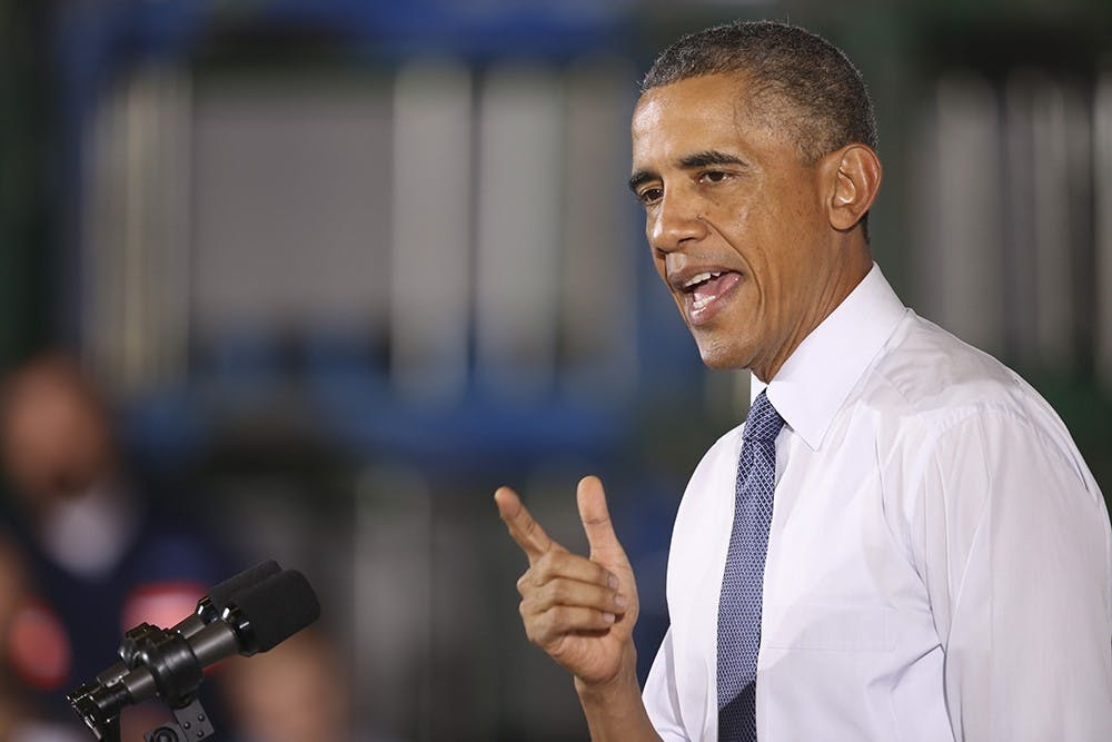 President Barack Obama addresses contituents at Millennium Steel in Princeton, Ind. on Oct. 3, 2014, National Manufacturing Day. 