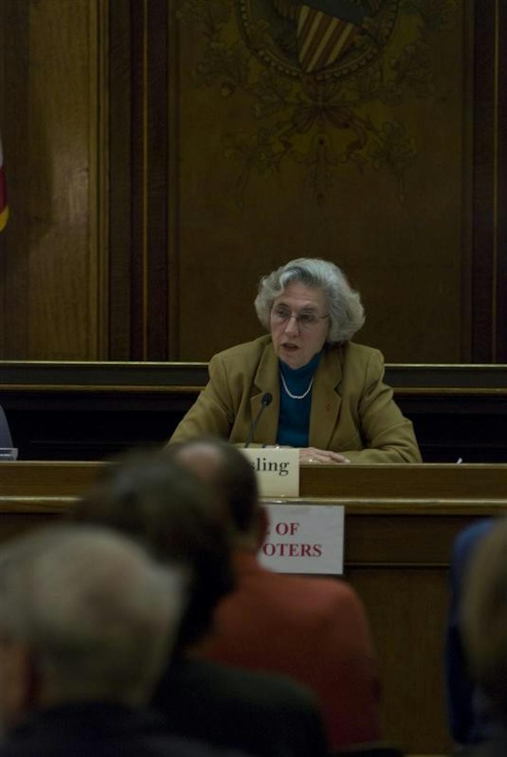 Monroe County Commissioner Iris Kiesling speaks during a meeting of the League of Women Voters at the Monroe County Courthouse Wednesday Evening. 