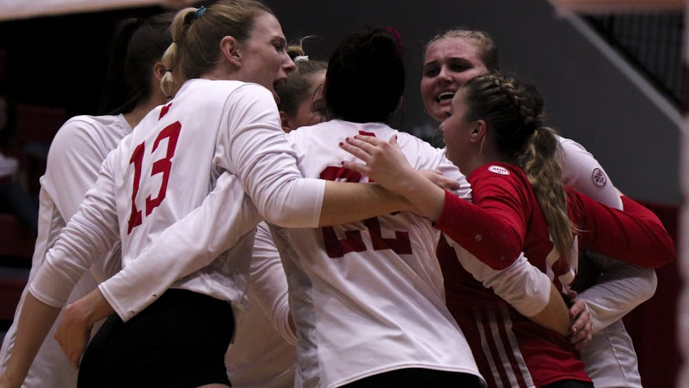 IU celebrates a crucial point against Northwestern on Oct. 5 at Wilkinson Hall. IU will play against Maryland on Nov. 15 at home.