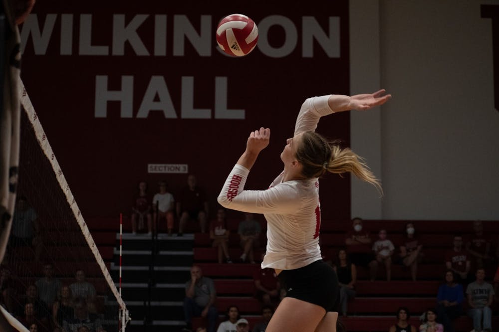 <p>Graduate student middle blocker Kaley Rammelsberg goes for the ball Aug. 25, 2023 against New Hampshire at Wilkinson Hall in Bloomington. Indiana went 3-0 in the Stacheville Invitational.</p>