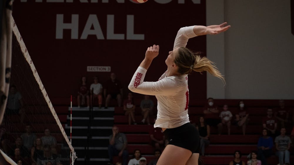 Graduate student middle blocker Kaley Rammelsberg goes for the ball Aug. 25, 2023 against New Hampshire at Wilkinson Hall in Bloomington. Indiana went 3-0 in the Stacheville Invitational.