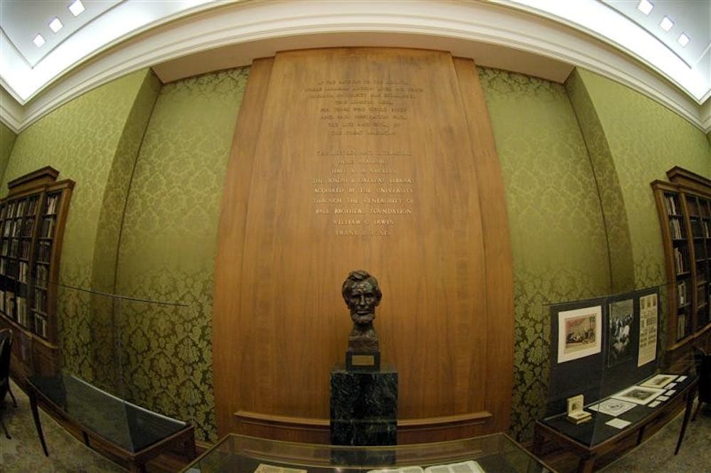 A bronze bust of President Abraham Lincoln greets visitors in the Lincoln Room Thursday at the Lilly Library. The room houses the collection of Joseph Benjamin Oakleaf, a Lincoln collector from Illinois.