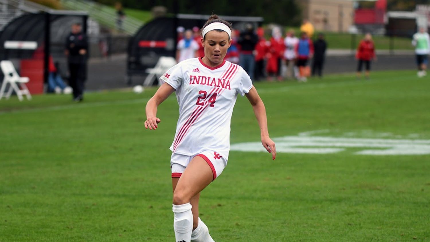 Sophomore forward Sydney Kilgore dribbles the ball against Nebraska Sunday afternoon at Bill Armstrong Stadium. Kilgore assisted on Mykayla Brown's second half goal in IU's 1-1 tie with Nebraska.