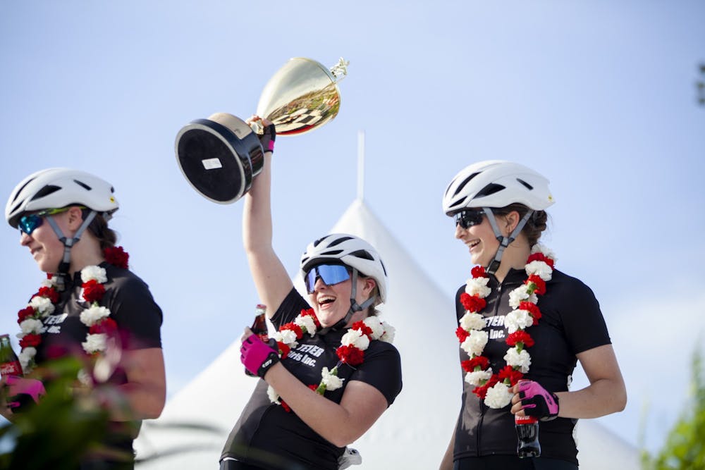 <p>Teter Cycling poses with their prizes April 12, 2019, in Bill Armstrong Stadium. The 34th running of the women&#x27;s Little 500 is at 4 p.m. Friday, and the 71st running of the men&#x27;s Little 500 is set for 2 p.m. Saturday.</p><p></p>