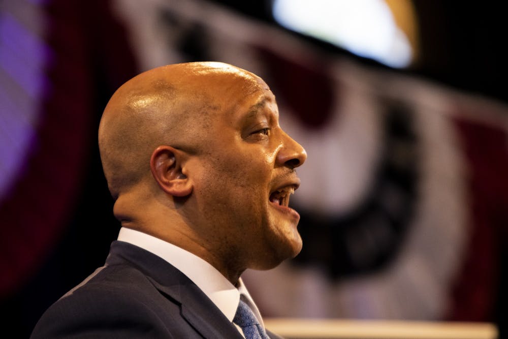 Congressman André Carson, D-IN, introduces Democratic Speaker of the House Nancy Pelosi on July 19, 2019, at Crowne Plaza in Indianapolis. Carson is running for reelection in Indiana&#x27;s Seventh Congressional District.