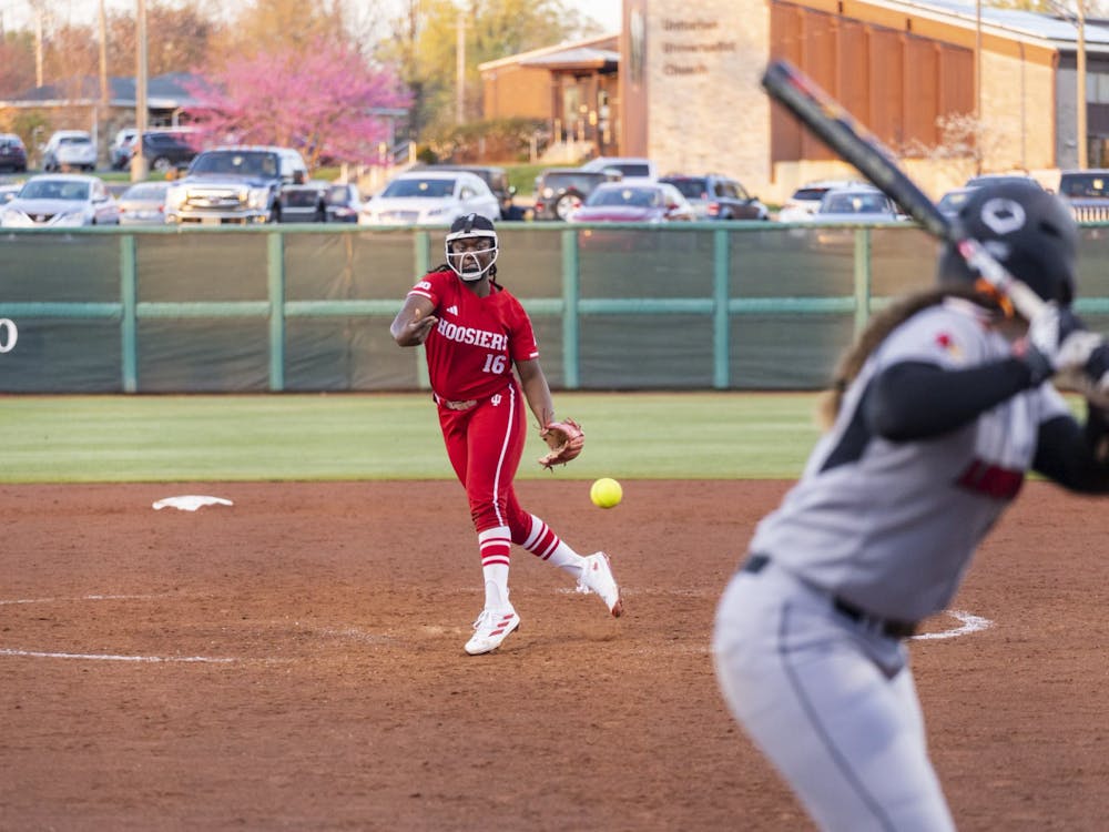 Sophomore Brianna Copeland pitches the ball April 11, 2023, at Andy Mohr Field. Copeland was one of six Hoosiers to earn National Fastpitch Coaches Association All-Region honors Thursday, May 18. 