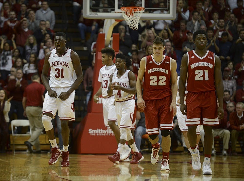 Freshman center Thomas Bryant celebrates during the game against Wisconsin on Jan. 5 at Assembly Hall. The Hoosiers won, 59-58.