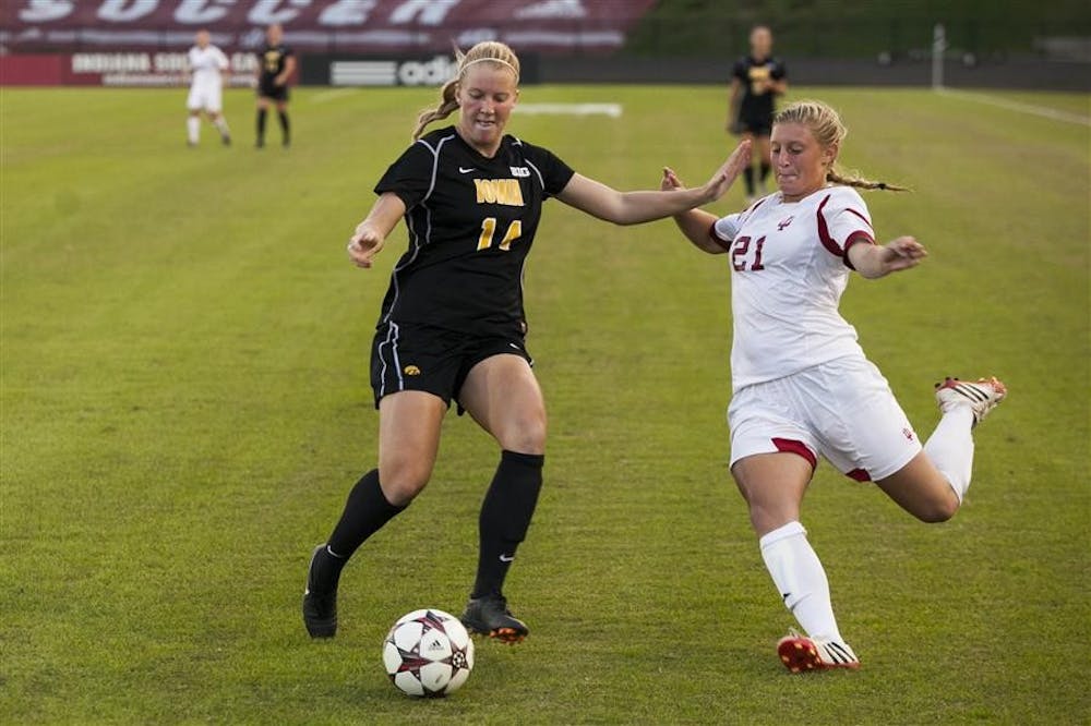 Sophomore midfielder Kayleigh Steigerwalt takes a shot during Saturday's game against Iowa at Bill Armstrong Stadium. The Hoosiers fell to the Hawkeyes 2-1.