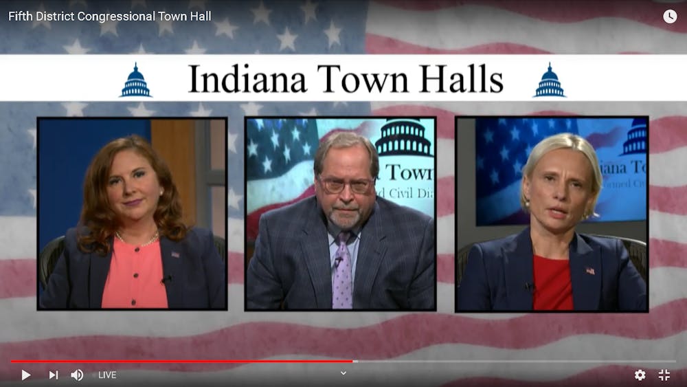 <p>Republican Victoria Spartz and Democrat Christina Hale answer questions during a Fifth District Congressional Town Hall on Tuesday over livestream. The questions were presented by voters live from WFYI studios. </p>