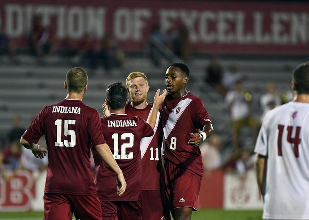 IU celebrates after redshirt junior midfielder Cory Thomas scored his second goal of the night against Rutgers on Sept. 22 at Bill Armstrong Stadium. Thomas scored the first of IU's two goals Saturday night in an NCAA Tournament win against New Hampshire.&nbsp;