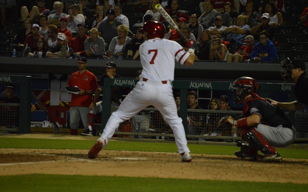 Freshman Matt Gorski makes the game-winning hit Tuesday night against Ball State. The Hoosiers ended the game 4-3. 