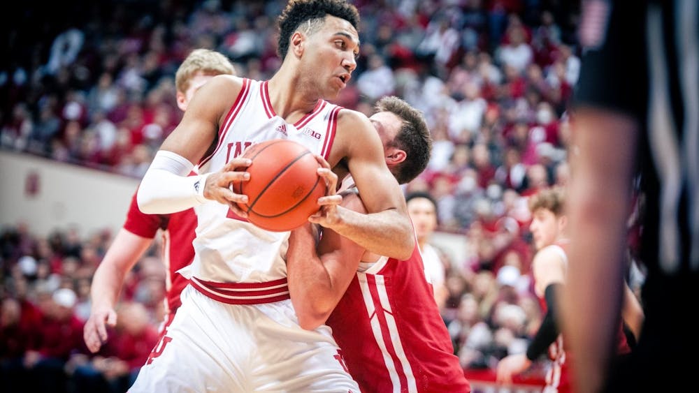 Senior forward Trayce Jackson-Davis attempts to put up a shot Jan. 14, 2023, at Simon Skjodt Assembly Hall in Bloomington, Indiana. The Hoosiers beat Wisconsin 45-63.