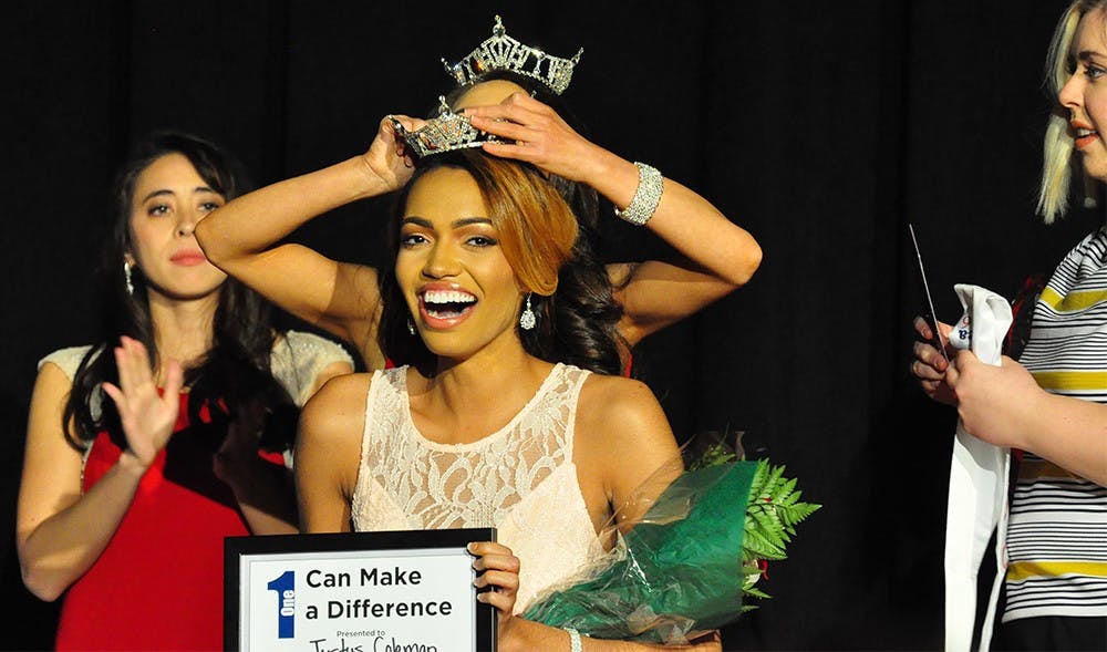 Senior Justus Colmen receives her tiara as she is crowned Miss Indiana University 2016. The Miss Indiana University 2016 beauty pageant took place Sunday at Alumni Hall in the IMU.
