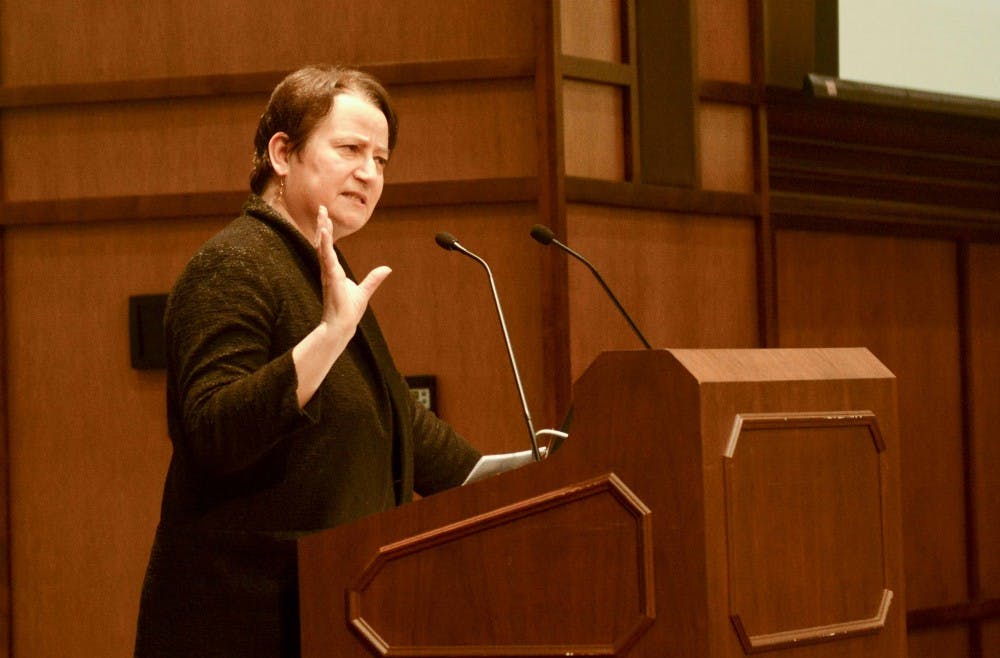 Lauren Robel, the provost and executive vice president of Indiana University, leads the interactive workshop titled "Fake or Fact? The Search for Real News in 2017" Thursday evening at Franklin Hall. “Fake or Fact” was part of the office’s Hot Topics series.