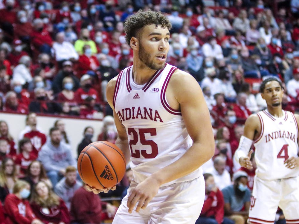 Senior forward Race Thompson looks to make a pass Nov. 21, 2021, at Simon Skjodt Assembly Hall. Indiana&#x27;s next home game will be against Purdue on Jan. 20. 