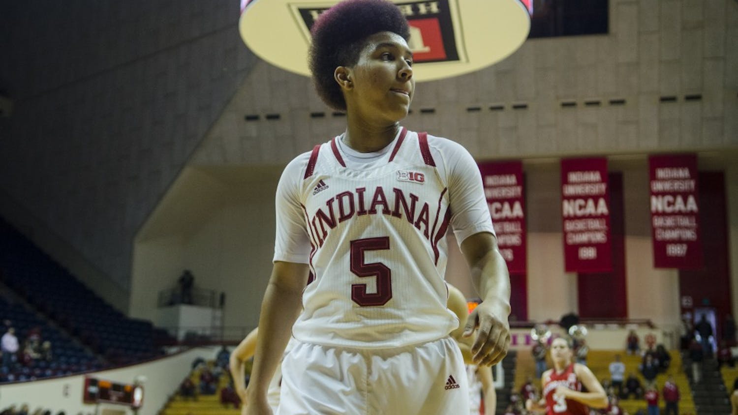 Sophomore guard Larryn Brooks walks towards the endline after losing to Nebraska 67-64 at Assembly Hall on February 21. Despite having the most play time and points of any Hoosier, Brooks announced her transfer from IU on Thursday. IU lost to Rutgers in the second round of the Big Ten Tournament on March 5 and finished their season 15-16.