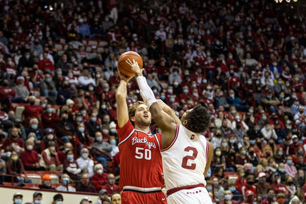 <p>Then-senior Michael Durr is seen blocking a shot during a game against Ohio State on Jan. 6, 2021, at Simon Skjodt Assembly Hall. IU will play at 6 p.m. Monday at Ohio State. </p>