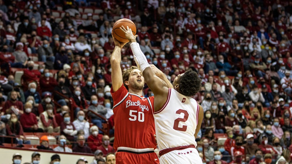 Then-senior Michael Durr is seen blocking a shot during a game against Ohio State on Jan. 6, 2021, at Simon Skjodt Assembly Hall. IU will play at 6 p.m. Monday at Ohio State. 