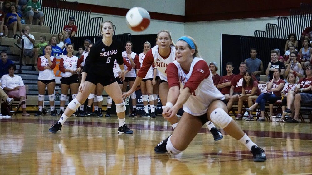 Then-sophomore Kendall Beerman dives to return the ball while teammates Meaghan Koors and Bayli Lebo rush to support her against Florida Gulf Coast on Sept. 16, 2017, at the University Gym. Beerman was named tournament MVP at the 2018 UNLV Invitational.&nbsp;