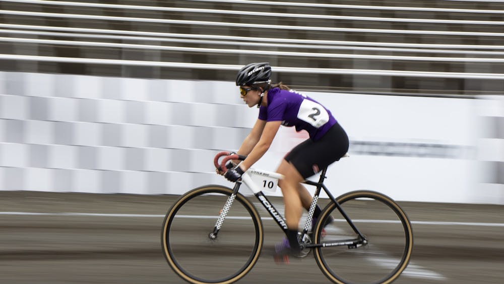Sophomore Clare Bruen races on the track during the Women&#x27;s Little 500 race Wednesday at Bill Armstrong Stadium.
