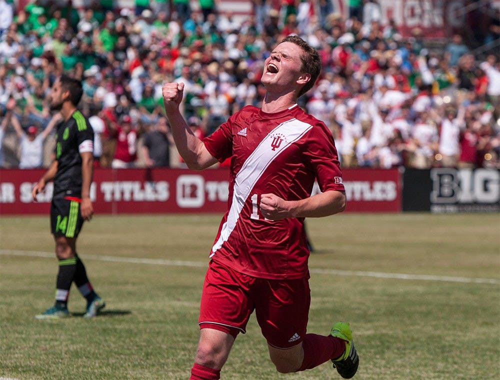Freshman midfielder Jeremiah Gutjahr celebrates after junior Richard Ballard scored Indiana's second goal of the game agains the Mexican U-20 National Team on Sunday at Bill Armstrong Stadium.
