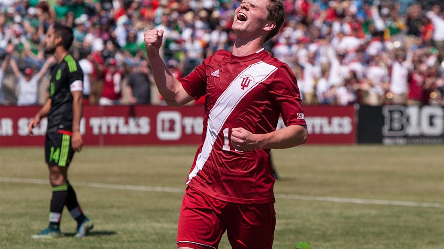 Freshman midfielder Jeremiah Gutjahr celebrates after junior Richard Ballard scored Indiana's second goal of the game agains the Mexican U-20 National Team on Sunday at Bill Armstrong Stadium.