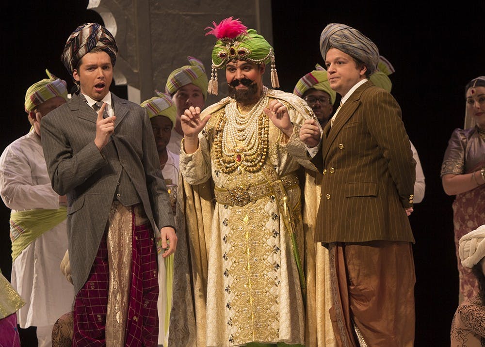 Maharaja, played by Andrew Richardson, center, performs during the dress rehearsal of IU Opera's "Last Savage" on Tuesday in the Musical Arts Center.
