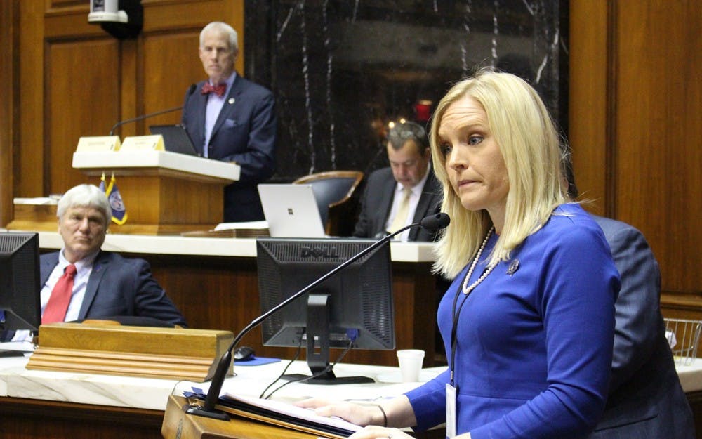 Sen. Erin Houchin, R-Salem, testifies Tuesday morning. Houchin is one author on SB 407, which would require information regarding the percentage of teachers who participate in their school district’s union to be published on the IEERB website.