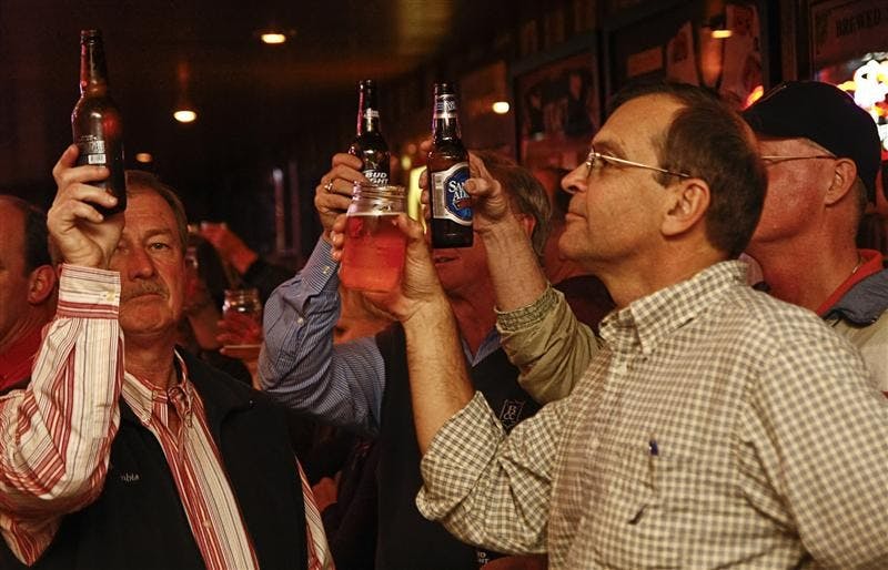 Friends and family say a toast to Richard F. Barnes' life Thursday evening at Nick's English Hut. Barnes was the owner of Nick's that passed away recently.