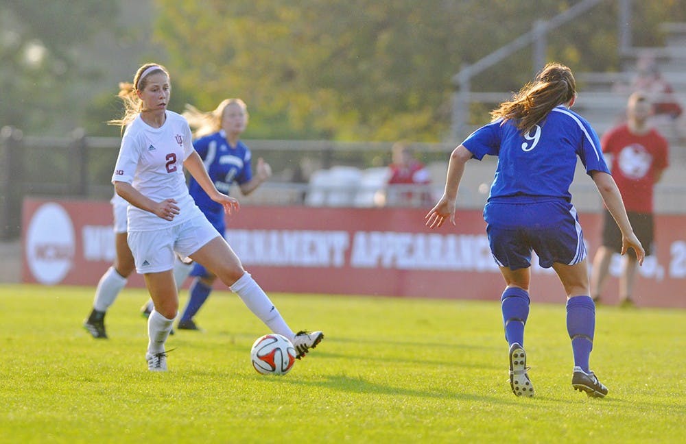 Junior midfielder Jessie Bujouves dribbles the ball past an opponent during Friday's game against Indiana State at Bill Armstrong Stadium.