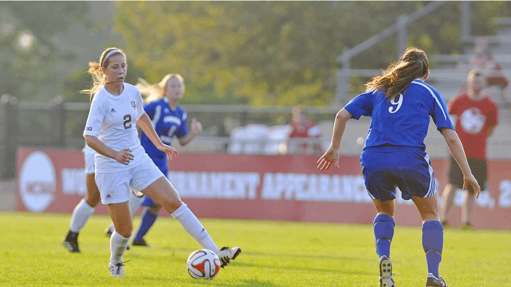 Junior midfielder Jessie Bujouves dribbles the ball past an opponent during Friday's game against Indiana State at Bill Armstrong Stadium.