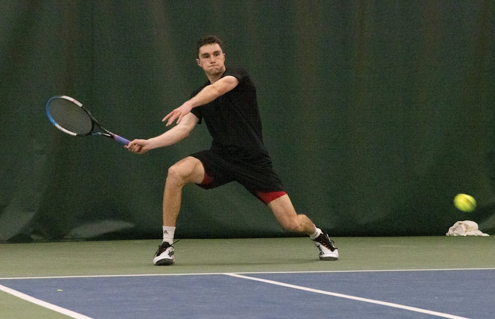 <p>Indiana junior Jagger Saylor wins his singles match against the University of Southern Indiana on Feb. 12, 2023, at the IU Tennis Center. On Friday, Indiana takes on No. 24 Northwestern.</p>