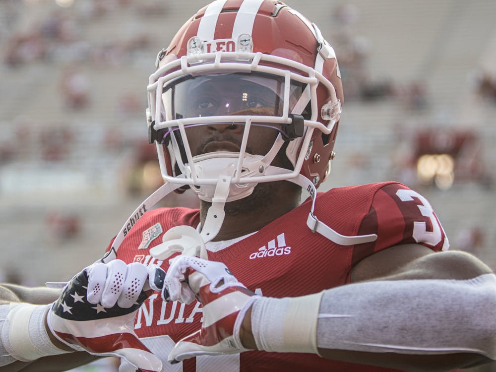 Then-senior defensive back Bryant Fitzgerald holds his hands in the shape of a heart prior to Indiana’s football game against Idaho on Sept. 11, 2021, at Memorial Stadium. Indiana will face Michigan at 12 p.m. Oct. 8, at Memorial Stadium for the IU homecoming game.