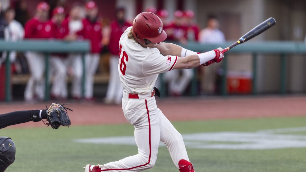 Redshirt junior Bobby Whalen swings at a pitch April 7, 2023, at Bart Kaufman Field. Indiana beat Iowa 2-0 on a walk-off home run on Saturday.
