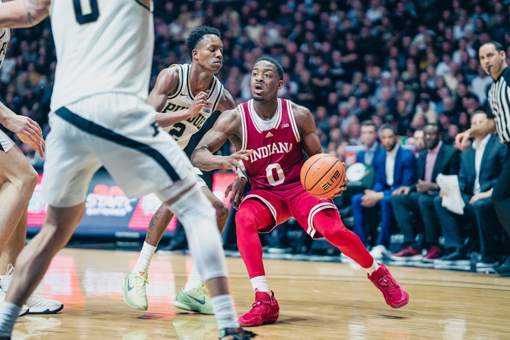 <p>Junior guard Xavier Johnson drives down the baseline March 5, 2022, at Mackey Arena in West Lafayette, Indiana. Indiana lost 67-69 against Purdue.</p>