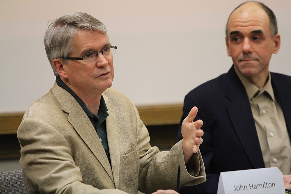 John Hamilton spoke in the Dogwood Room at the Indiana Memorial Union on Wednesday proposing citywide broadband.  He is one of four candidates for the 2015 mayoral primary race.  