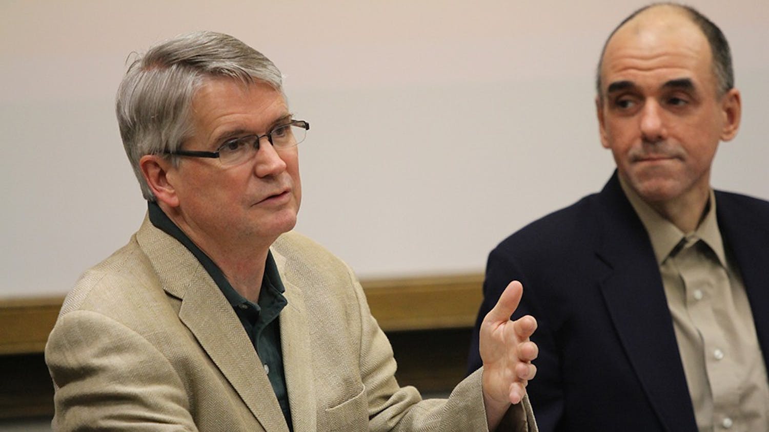 John Hamilton spoke in the Dogwood Room at the Indiana Memorial Union on Wednesday proposing citywide broadband. He is one of four candidates for the 2015 mayoral primary race.