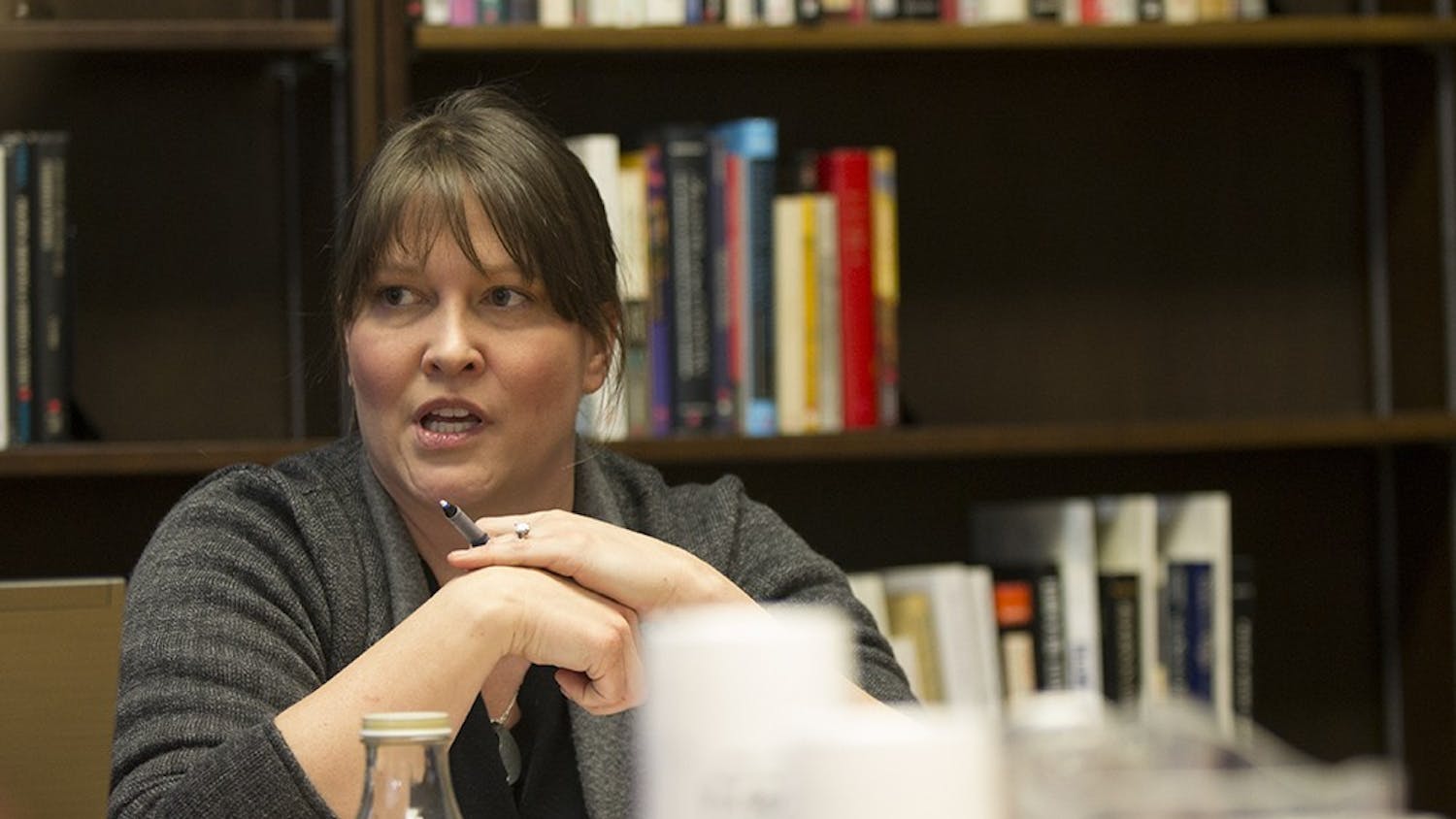 Kelley Benham French, Professor of Practice in Journalism at the IU Media School, speaks during a Poynter Roundtable event on Monday at the Poynter Center. French discussed her serial narrative "Never Let Go", a piece that tells her story of having a micro-preemie baby and was a finalist for the Pulitzer Prize.
