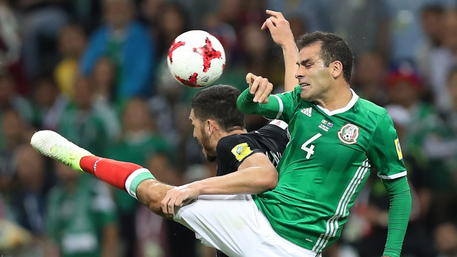 Mexico's Rafael Marquez fights for the ball during the 2017 FIFA Confederations Cup on June 21, 2017, in Sochi, Russia.&nbsp;