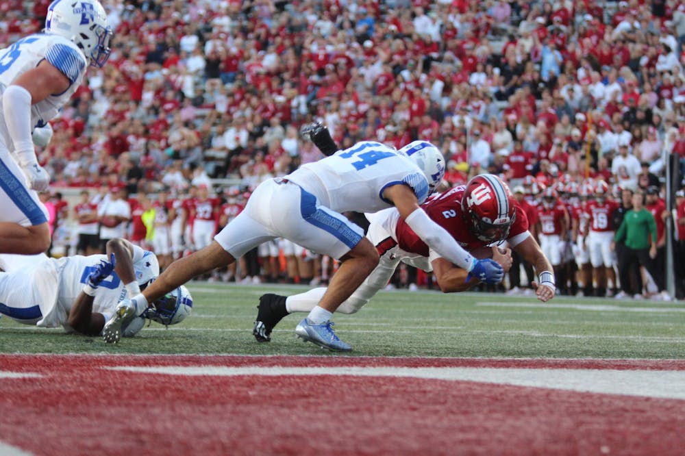 <p>Redshirt freshman quarterback Tayven Jackson is seen diving to score Indiana&#x27;s third touchdown of the game against Indiana State Sept. 8, 2023 at Memorial Stadium. Jackson was named the starting quarterback Monday.</p>