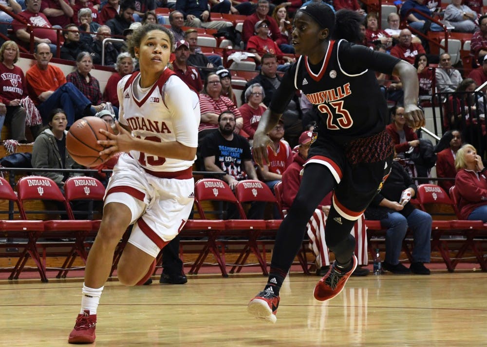 Freshman guard Jaelynn Penn goes to the basket against Louisville on Nov. 30 in Simon Skjodt Assembly Hall. Penn scored 20 points in IU's game against No. 10 Ohio State, but the team lost 77-62.