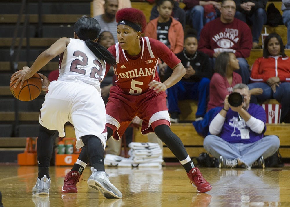 Sophomore guard Larryn Brooks defends against a University of Indianapolis guard during the Hoosier's exhibition game Sunday. IU won 88-49 and will plau its first regular season game this upcoming Saturday against Gardner Webb.