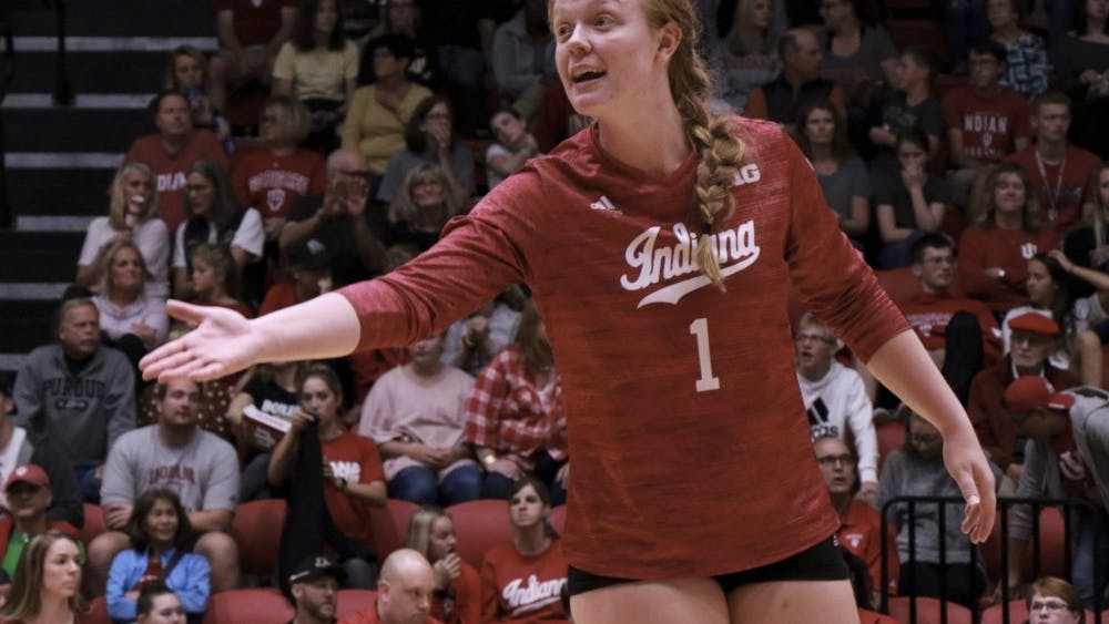 IU setter Victoria Brisack reacts to a play against Purdue Oct. 9 at Wilkinson Hall.