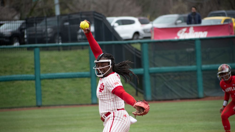 Sophomore pitcher Brianna Copeland pitches the ball March 25, 2023, against the University of Maryland at Andy Mohr Field in Bloomington, Indiana. Indiana swept Maryland this weekend.