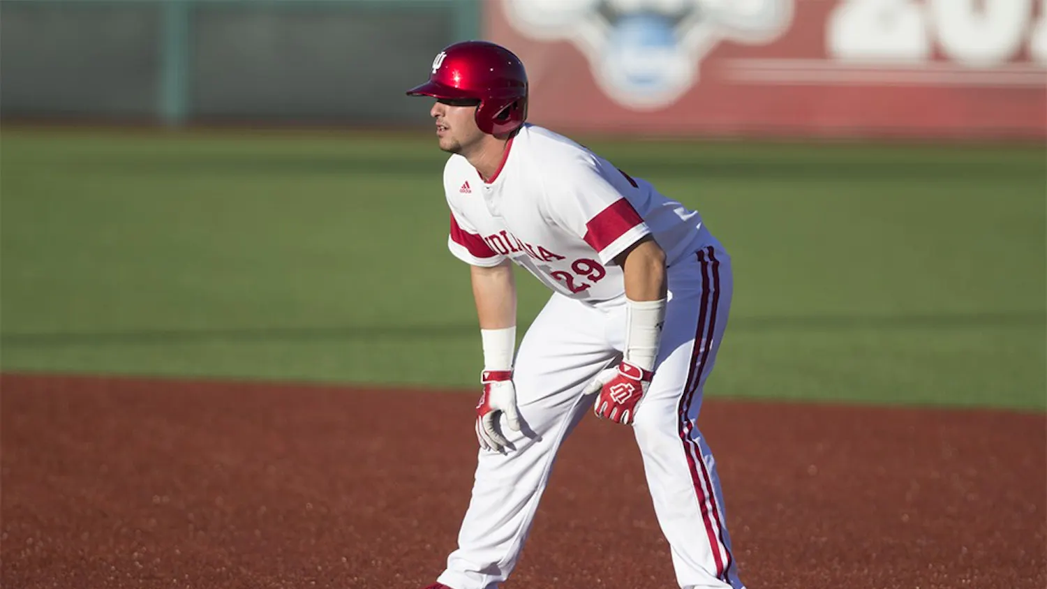 Freshman catcher Ryan Fineman leads off from first base during a game against Ball State on Wednesday night at Bart Kaufman field. IU beat Ball State 4-3.